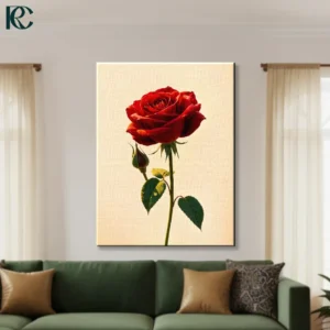 Single red rose with green stem and leaves on cream beige background botanical floral canvas wall art for home decor.