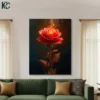 Red rose with golden sparkles and glowing light effect on dark black background mystical floral canvas wall art for home decor.