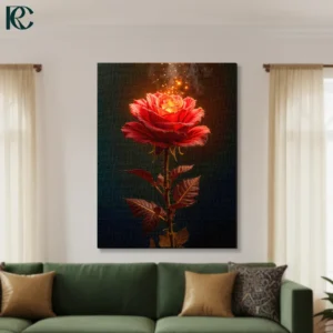 Red rose with golden sparkles and glowing light effect on dark black background mystical floral canvas wall art for home decor.