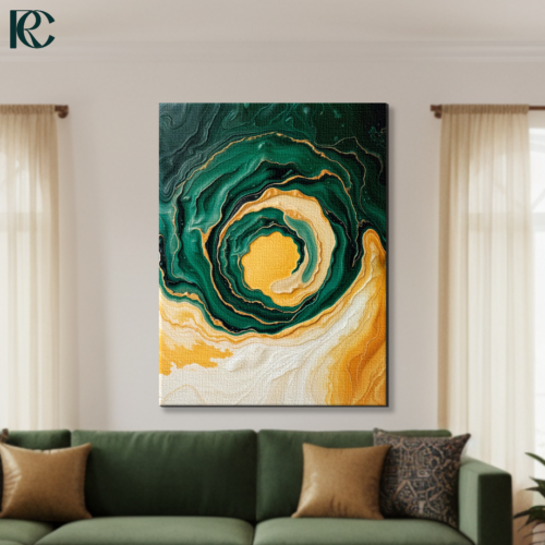 Abstract Emerald Green Gold Mesmerizing Canvas Wall Art Luxurious abstract emerald green and gold geode canvas wall art with swirling agate patterns, metallic gold veining and cream accents for modern home decor.