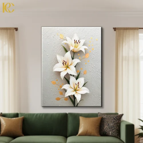 Textured white lily flower canvas wall art with golden accents and green leaves on beige neutral background for elegant home decor.