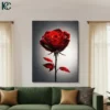 Single deep red rose with black stem and leaves on grey gradient background with spotlight effect dramatic floral canvas wall art for home decor.