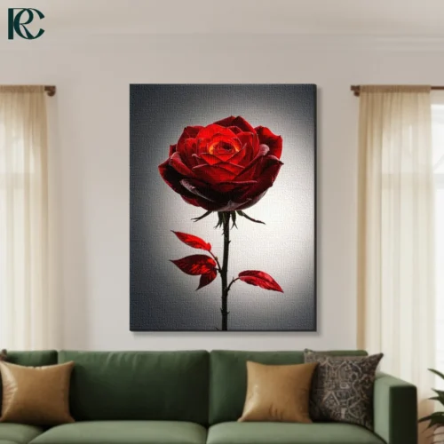 Single deep red rose with black stem and leaves on grey gradient background with spotlight effect dramatic floral canvas wall art for home decor.