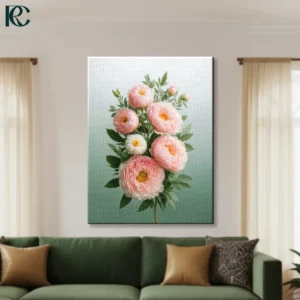 Pink peony flowers with green leaves on sage green gradient background botanical floral canvas wall art for home decor.