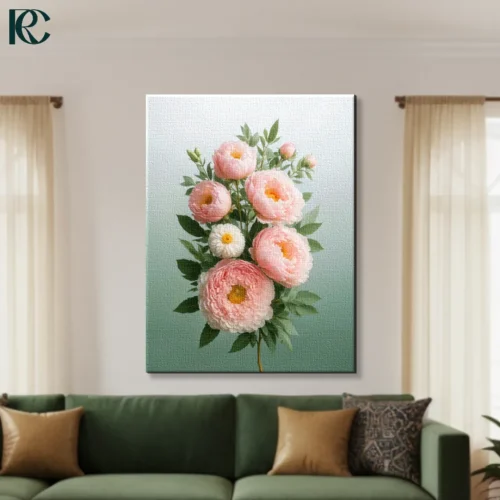 Pink peony flowers with green leaves on sage green gradient background botanical floral canvas wall art for home decor.