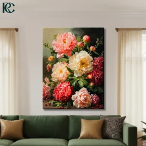 Mixed color peony flowers bouquet with pink white red blooms on dark background classic floral canvas wall art for home decor.