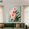 Pink peony flowers with green leaves on sage blue background realistic floral canvas wall art for home decor.