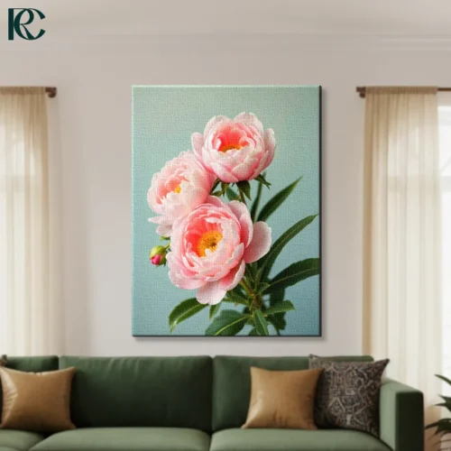 Pink peony flowers with green leaves on sage blue background realistic floral canvas wall art for home decor.