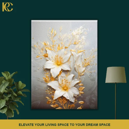 Textured Botanical Floral White Gold Canvas Wall Art