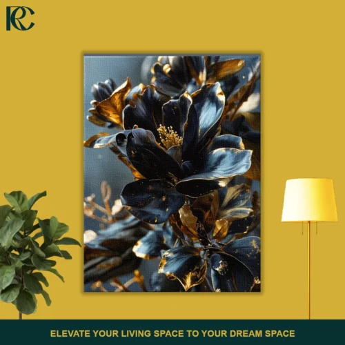 Gilded Floral Dark Blue Luxurious Canvas Wall Art