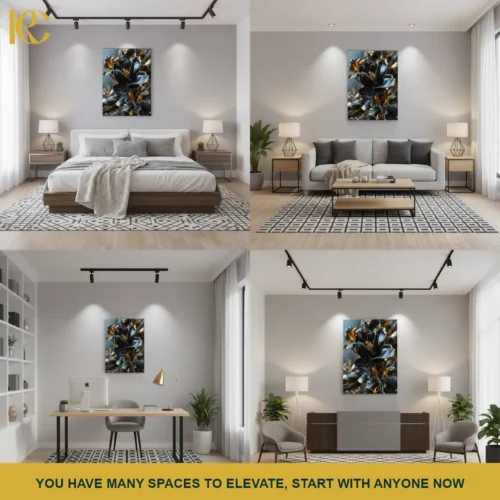 Gilded Floral Dark Blue Luxurious Canvas Wall Art