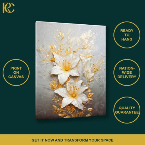 Textured Botanical Floral White Gold Canvas Wall Art