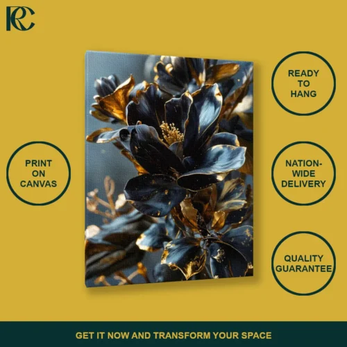 Gilded Floral Dark Blue Luxurious Canvas Wall Art