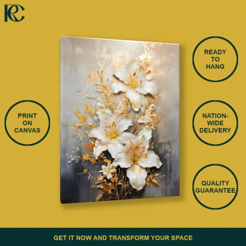 TILT_ANGLE_MOCKUP Dramatic Floral White Gold Canvas Wall Art