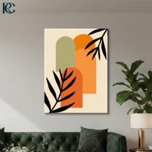 Stylish Boho Arch Wall Art With Leaves Boho arch wall art featuring sage green and orange geometric arches with black leaf silhouettes on a cream background.