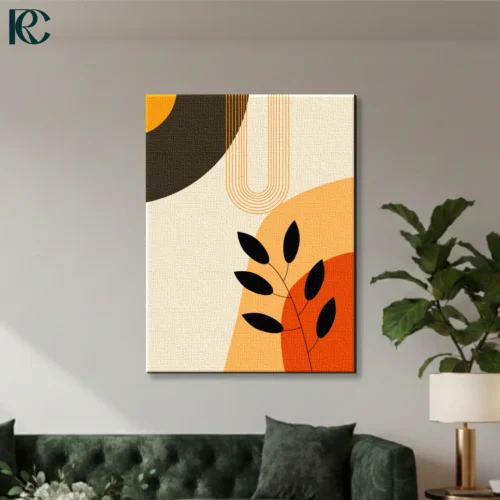Beautiful Rust Boho Geometric Wall Art Boho geometric wall art featuring rust orange and black abstract shapes with thin lines and a leaf silhouette on beige.