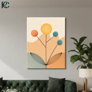 Boho floral wall art featuring yellow, orange, and teal geometric flowers with black leaf details on beige.
