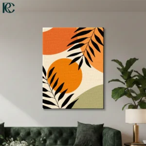 Boho botanical wall art featuring black leaf silhouettes with rust orange sun and sage green abstract shapes on cream canvas.
