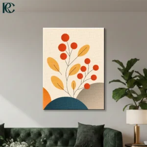 Boho nature wall art featuring red berries and yellow leaves on stems over teal and grey abstract hills.