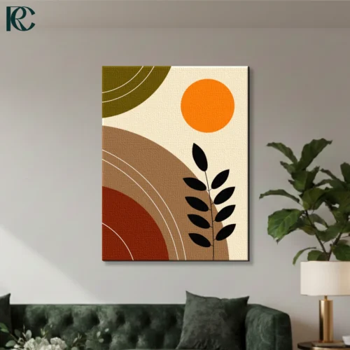 Stylish Boho Abstract Sun Wall Art Boho abstract sun wall art featuring a bright orange sun, olive green and brown curves, and a black leaf silhouette on cream.