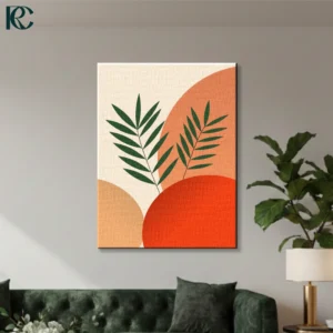 Boho leaf wall art displaying green palm leaves layered over terracotta orange and beige abstract shapes.