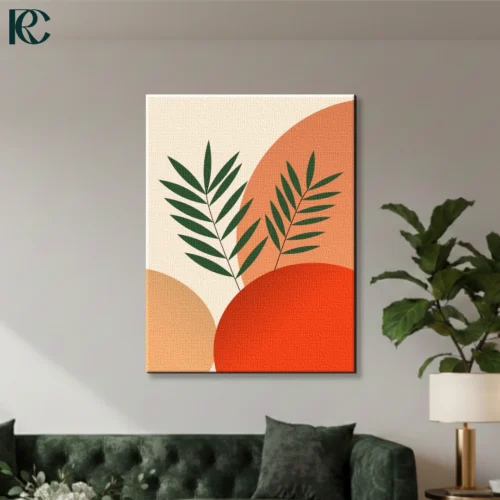 Boho leaf wall art displaying green palm leaves layered over terracotta orange and beige abstract shapes.