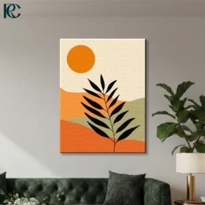 Boho landscape wall art featuring a rust orange sun, sage green hills, and a black leaf silhouette on a cream background.