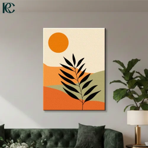 Warm Leaf Boho Wall Art Boho landscape wall art featuring a rust orange sun, sage green hills, and a black leaf silhouette on a cream background.
