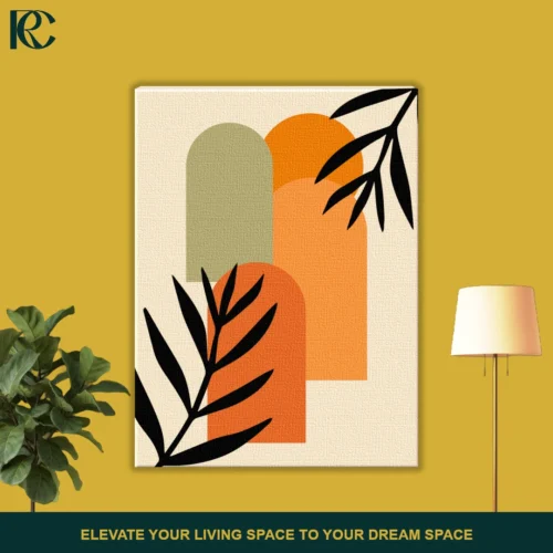 FRONT_MOCKUP Boho arch wall art featuring sage green and orange geometric arches with black leaf silhouettes on a cream background.