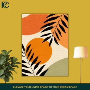 Boho botanical wall art featuring black leaf silhouettes with rust orange sun and sage green abstract shapes on cream canvas.