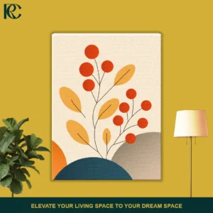 Boho nature wall art featuring red berries and yellow leaves on stems over teal and grey abstract hills.