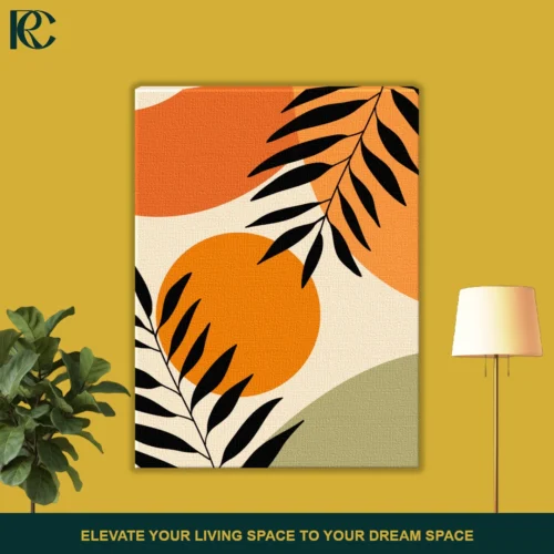 FRONT_MOCKUP Boho botanical wall art featuring black leaf silhouettes with rust orange sun and sage green abstract shapes on cream canvas.
