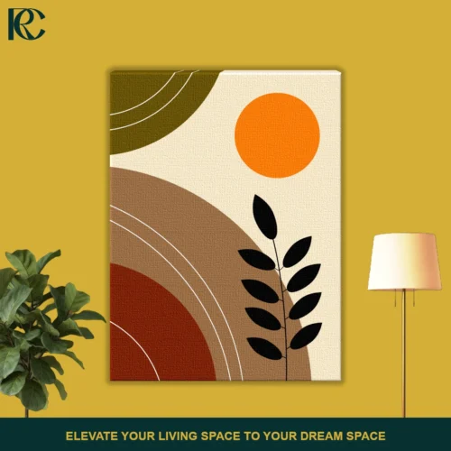 FRONT_MOCKUP Boho abstract sun wall art featuring a bright orange sun, olive green and brown curves, and a black leaf silhouette on cream.