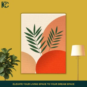 Boho leaf wall art displaying green palm leaves layered over terracotta orange and beige abstract shapes.