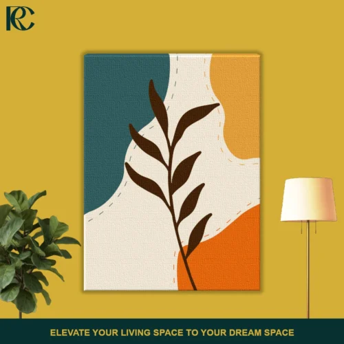 Boho Stylized Leaves Illustration featuring a dark brown branch against abstract wavy shapes in teal, beige, mustard, and burnt orange with stitched dashed lines.