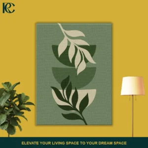 Vertical wall art print featuring Boho Green Plant Leaves with Geometric Bowls stacked in sage and dark green colors on a muted green background.
