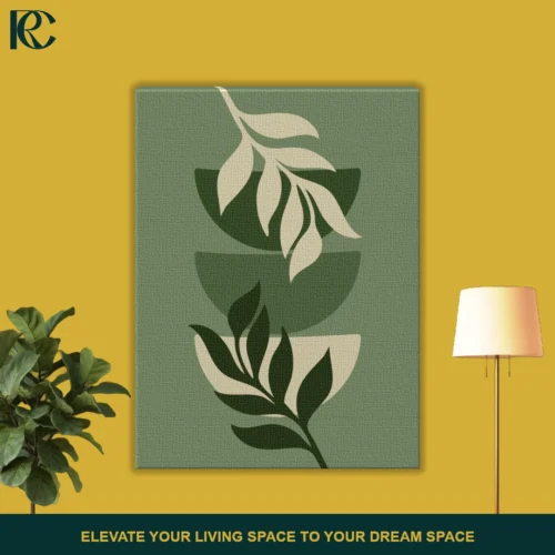 Vertical wall art print featuring Boho Green Plant Leaves with Geometric Bowls stacked in sage and dark green colors on a muted green background.