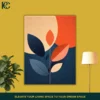 Framed wall art featuring an abstract leaf branch with dark blue and rust leaves, set against a navy background with a beige sun and a prominent Minimalist Orange Semicircle.