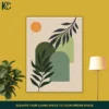 Vertical wall art print featuring dark Boho Green Leaves with Arches in sage and olive tones under a bright orange sun on a beige background.