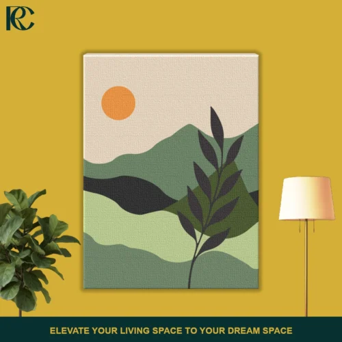 Modern Boho Green Leaves With Sun and Hills wall art. Abstract landscape with sun, hills, and plant.