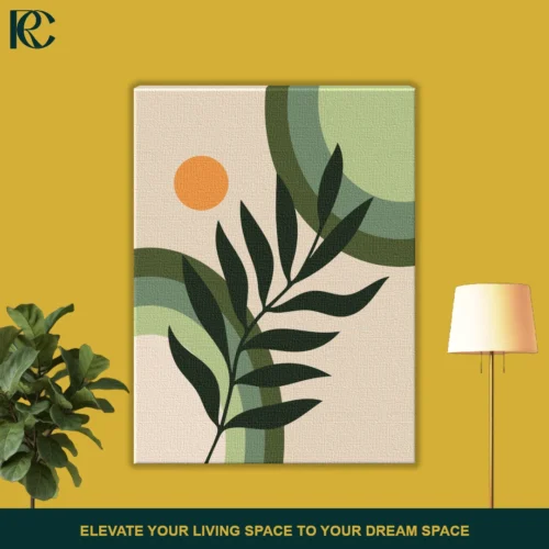 Modern Boho Green Leaves With Sun and Hills wall art: Abstract print with green leaves, sun, and hills.