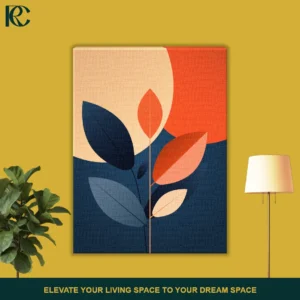 Modern Abstract Leaf Branch wall art featuring stylized rust-orange and navy blue leaves against a deep blue background with geometric peach and orange sun circles.