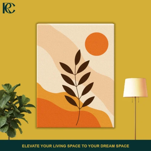 1_FRONT_MOCKUP Boho Brown Leaves and Sun wall art featuring a dark botanical branch silhouette against wavy orange and beige abstract shapes with a bright circle.