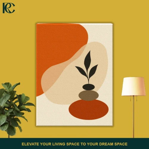 Boho Small Plant on Stacked Stones wall art featuring a dark seedling silhouette growing from balanced brown and orange rocks against an abstract background.