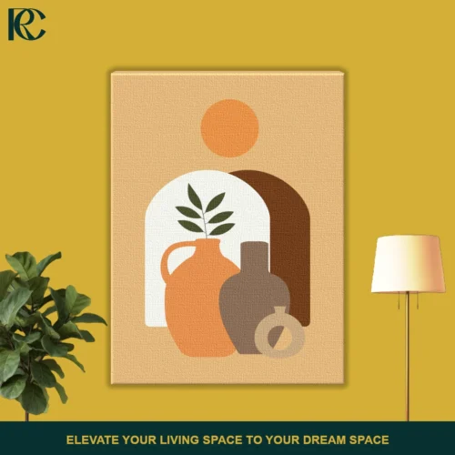 Boho Clay Pots Illustration with Sun wall art featuring three abstract orange and brown vases with a green branch against a beige arch and sun.