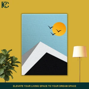 Minimalist Mountain with Sun and Birds wall art featuring a geometric white peak and black shadow against a blue gradient sky with flying silhouettes.