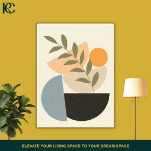 Boho Leaves on Stacked Shapes wall art featuring a green botanical branch over blue, orange, and black geometric semicircles on a beige background.