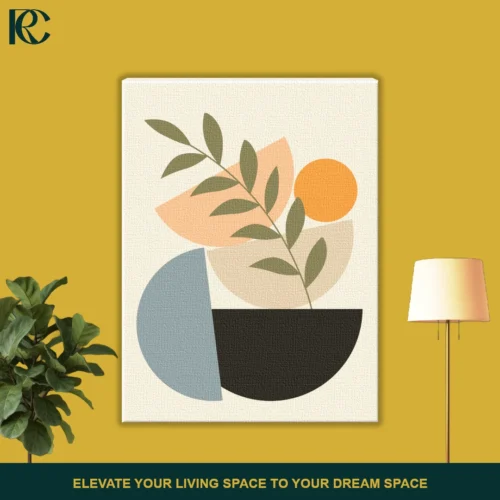 Boho Leaves on Stacked Shapes wall art featuring a green botanical branch over blue, orange, and black geometric semicircles on a beige background.