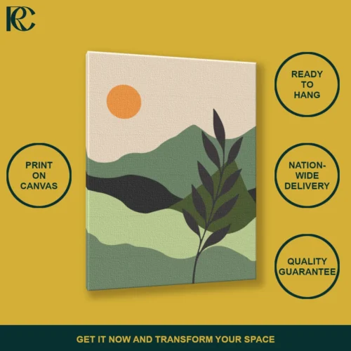 Simple Boho Green Nature Landscape with Plant and Sun Wall Art