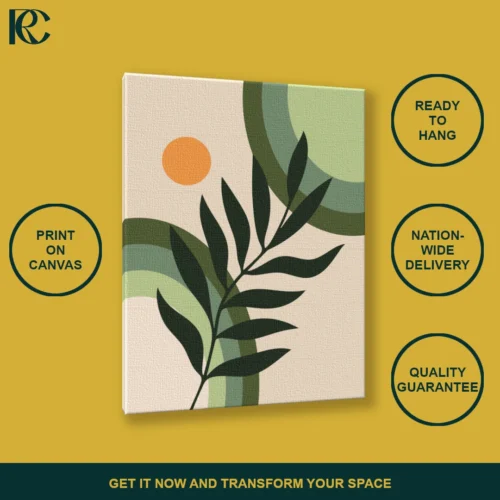 Modern Boho Plant with Shapes and Sun Wall Art: Abstract canvas print featuring a plant, geometric shapes, and a sun